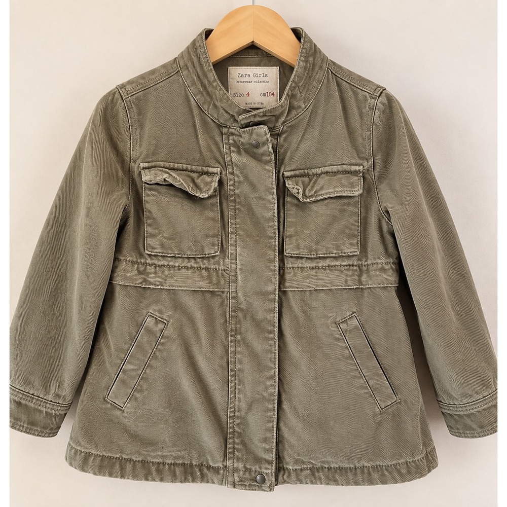 ZARA Girls Size 4 Jacket Coat Canvas Snap Button Utility Military Safari Jacket